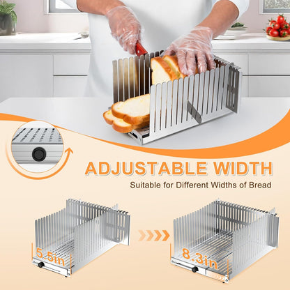Stainless steel Bread Slicer for Homemade Bread, Bread Loaf Slicer,Bread Slicing Guide,Adjustable Width, Foldable Compact,for Cakes,Bagels,Each slice is 0.5" thick,Bth Size: 5.5"-8.3"