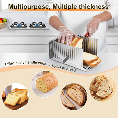 Stainless steel Bread Slicer for Homemade Bread, Bread Loaf Slicer,Bread Slicing Guide,Adjustable Width, Foldable Compact,for Cakes,Bagels,Each slice is 0.5" thick,Bth Size: 5.5"-8.3"