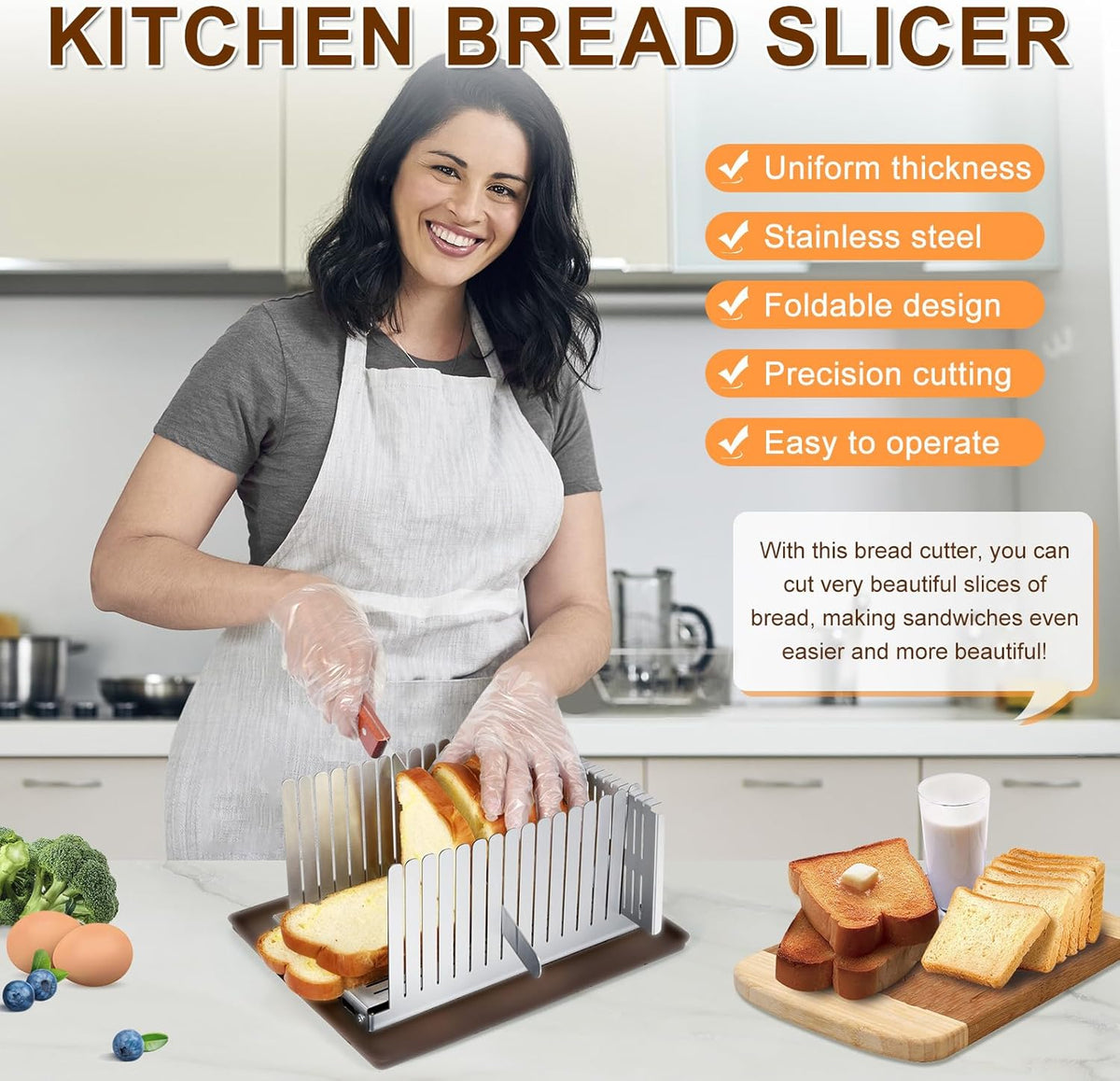Stainless steel Bread Slicer for Homemade Bread, Bread Loaf Slicer,Bread Slicing Guide,Adjustable Width, Foldable Compact,for Cakes,Bagels,Each slice is 0.5" thick,Bth Size: 5.5"-8.3"