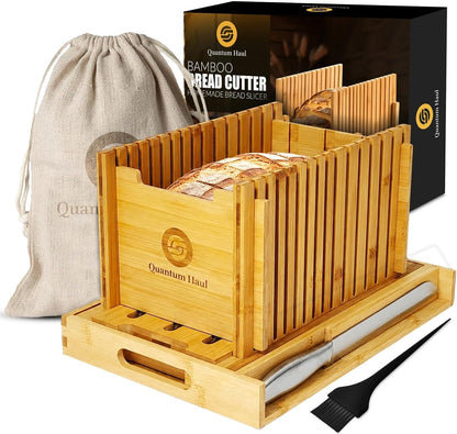 [UPGRADED] Bamboo Bread Slicer with High-Grade Stainless Steel Knife – Adjustable Wooden Bread Cutter Guide with Crumb Tray, Brush & Pouch | Manual Bread Slicer for Homemade Bread, Sourdough, Cakes