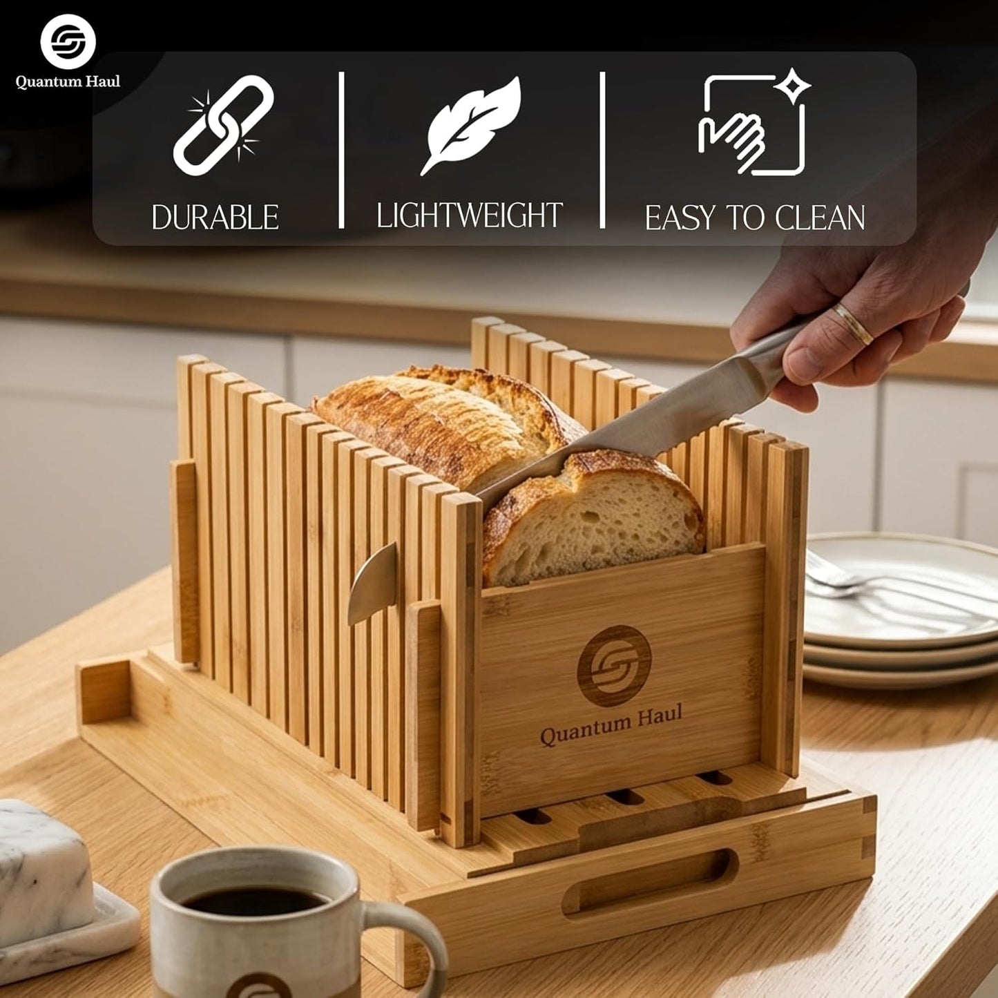 [UPGRADED] Bamboo Bread Slicer with High-Grade Stainless Steel Knife – Adjustable Wooden Bread Cutter Guide with Crumb Tray, Brush & Pouch | Manual Bread Slicer for Homemade Bread, Sourdough, Cakes
