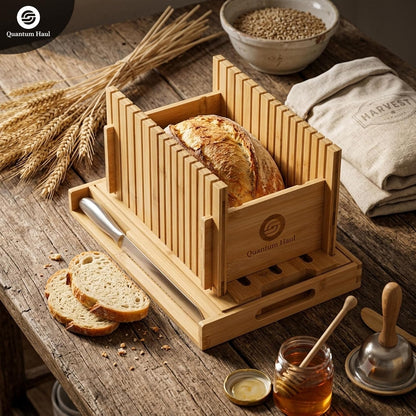 [UPGRADED] Bamboo Bread Slicer with High-Grade Stainless Steel Knife – Adjustable Wooden Bread Cutter Guide with Crumb Tray, Brush & Pouch | Manual Bread Slicer for Homemade Bread, Sourdough, Cakes