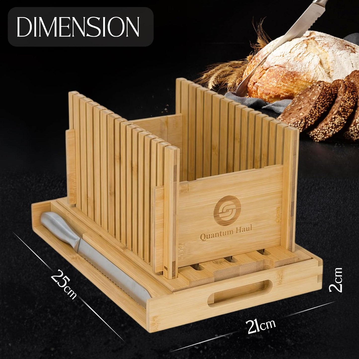 [UPGRADED] Bamboo Bread Slicer with High-Grade Stainless Steel Knife – Adjustable Wooden Bread Cutter Guide with Crumb Tray, Brush & Pouch | Manual Bread Slicer for Homemade Bread, Sourdough, Cakes