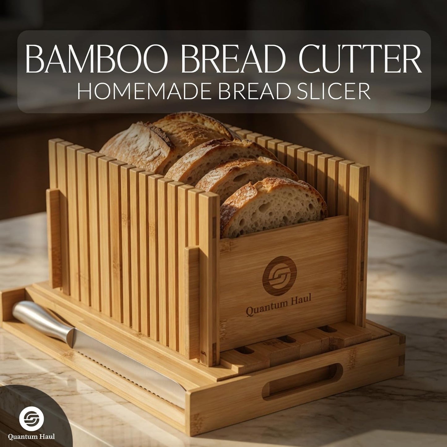 [UPGRADED] Bamboo Bread Slicer with High-Grade Stainless Steel Knife – Adjustable Wooden Bread Cutter Guide with Crumb Tray, Brush & Pouch | Manual Bread Slicer for Homemade Bread, Sourdough, Cakes