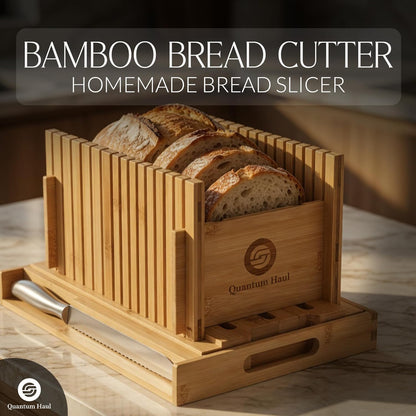 [UPGRADED] Bamboo Bread Slicer with High-Grade Stainless Steel Knife – Adjustable Wooden Bread Cutter Guide with Crumb Tray, Brush & Pouch | Manual Bread Slicer for Homemade Bread, Sourdough, Cakes