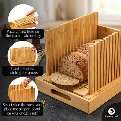 [UPGRADED] Bamboo Bread Slicer with High-Grade Stainless Steel Knife – Adjustable Wooden Bread Cutter Guide with Crumb Tray, Brush & Pouch | Manual Bread Slicer for Homemade Bread, Sourdough, Cakes