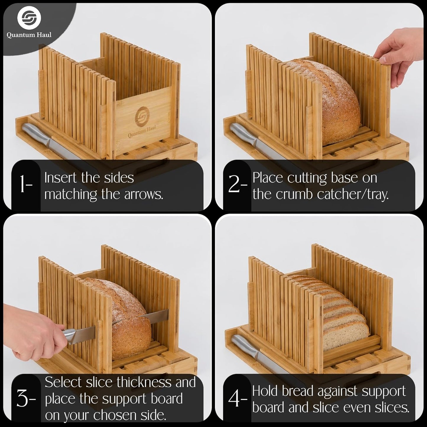 [UPGRADED] Bamboo Bread Slicer with High-Grade Stainless Steel Knife – Adjustable Wooden Bread Cutter Guide with Crumb Tray, Brush & Pouch | Manual Bread Slicer for Homemade Bread, Sourdough, Cakes