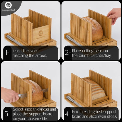 [UPGRADED] Bamboo Bread Slicer with High-Grade Stainless Steel Knife – Adjustable Wooden Bread Cutter Guide with Crumb Tray, Brush & Pouch | Manual Bread Slicer for Homemade Bread, Sourdough, Cakes
