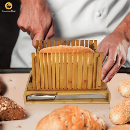 [UPGRADED] Bamboo Bread Slicer with High-Grade Stainless Steel Knife – Adjustable Wooden Bread Cutter Guide with Crumb Tray, Brush & Pouch | Manual Bread Slicer for Homemade Bread, Sourdough, Cakes