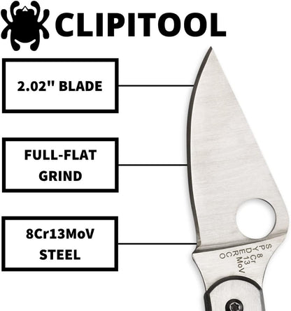 ClipiTool Folding Utility Pocket Knife, PlainEdge and SpyderEdge | 4.58" Overall Length, 2.01" 8Cr13MoV Steel Blade, G-10 Handle, SlipJoint, Full-Flat Grind