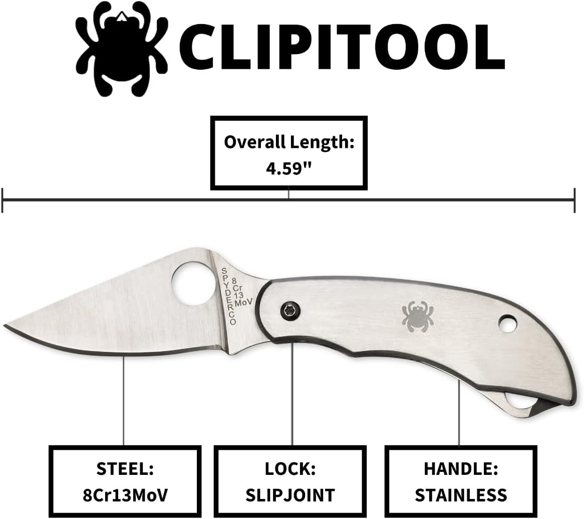 ClipiTool Folding Utility Pocket Knife, PlainEdge and SpyderEdge | 4.58" Overall Length, 2.01" 8Cr13MoV Steel Blade, G-10 Handle, SlipJoint, Full-Flat Grind