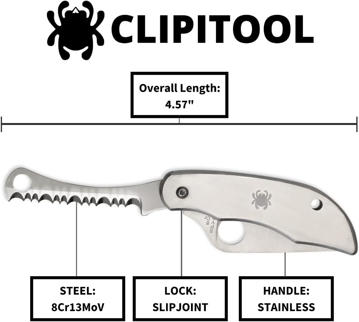 ClipiTool Folding Utility Pocket Knife, PlainEdge and SpyderEdge | 4.58" Overall Length, 2.01" 8Cr13MoV Steel Blade, G-10 Handle, SlipJoint, Full-Flat Grind