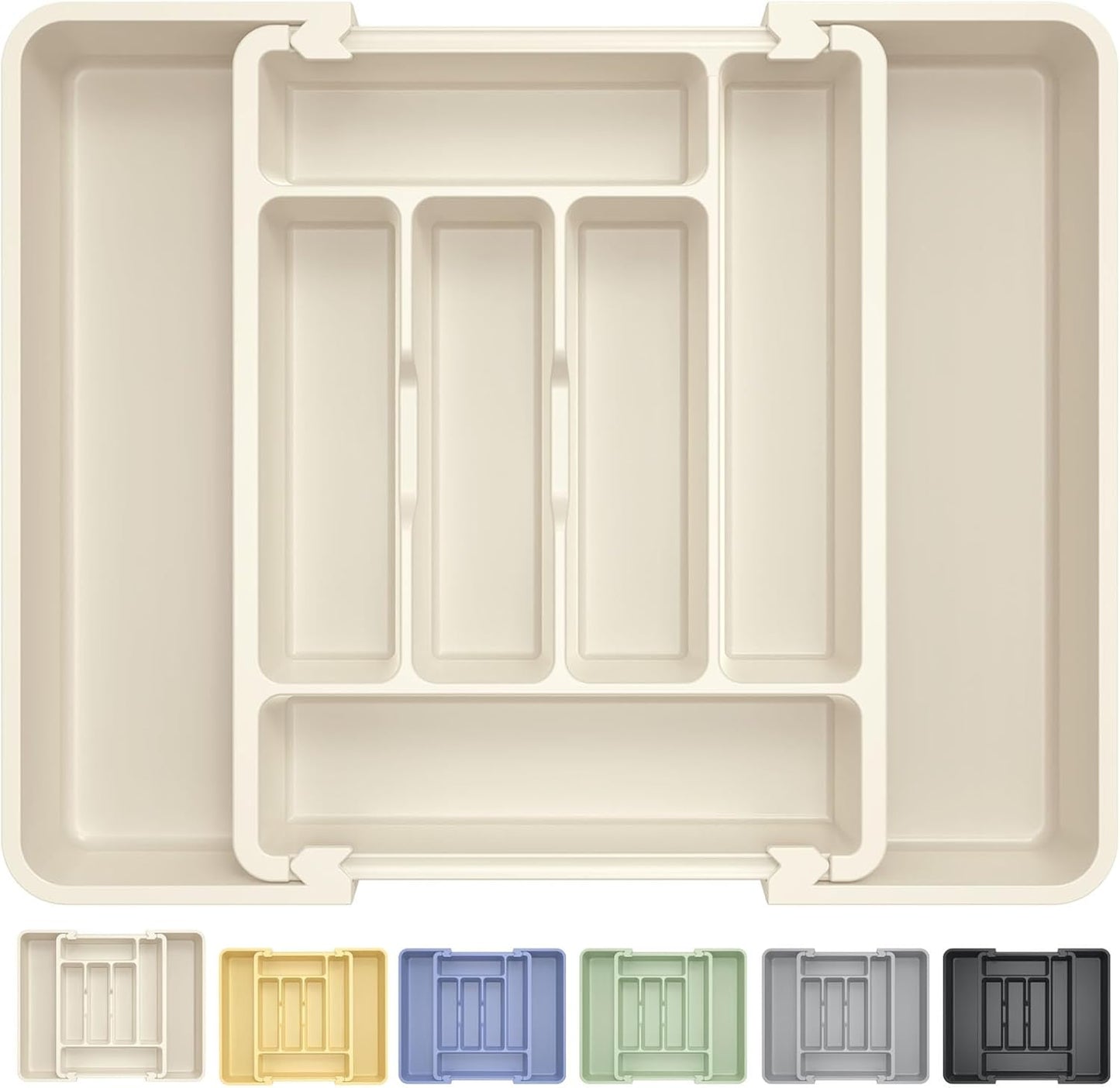 Large Silverware Organizer for Kitchen Drawer & Utensils - Expandable Drawer Organizer for Cutlery, Flatware & Gadget, BPA-Free Thick Plastic, Wider Compartments & Non-skid Feet (Tofu)
