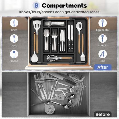 Large Silverware Organizer for Kitchen Drawer & Utensils - Expandable Drawer Organizer for Cutlery, Flatware & Gadget, BPA-Free Thick Plastic, Wider Compartments & Non-skid Feet (Tofu)