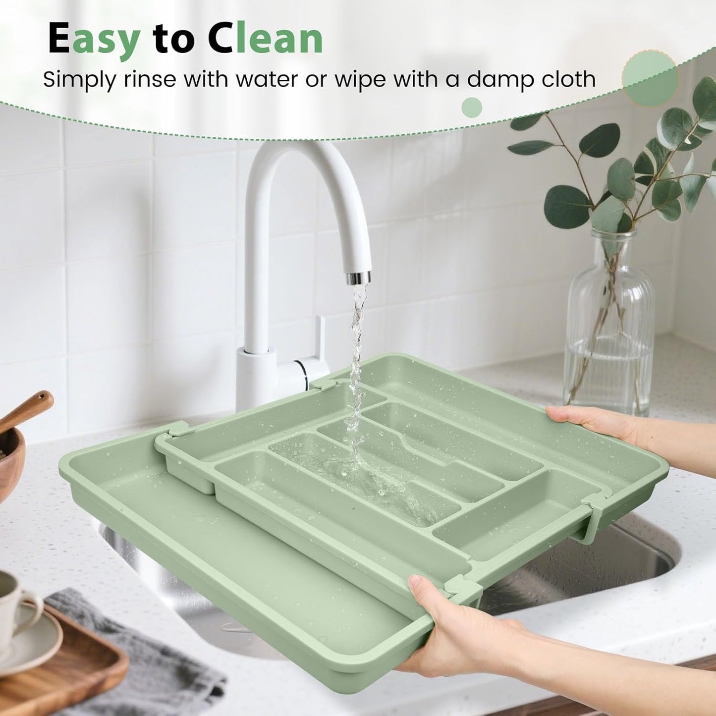Large Silverware Organizer for Kitchen Drawer & Utensils - Expandable Drawer Organizer for Cutlery, Flatware & Gadget, BPA-Free Thick Plastic, Wider Compartments & Non-skid Feet (Tofu)