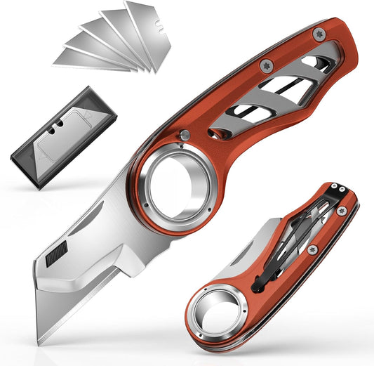 Folding Utility Knife Pocket Knife, Heavy-Duty Box Cutter with Anti Slip Finger Loop, Quick Change Blade Razor Knife, Box Cutters for Home, Office, Warehouse, Durable Razor Knife, Box Knife (Brown)