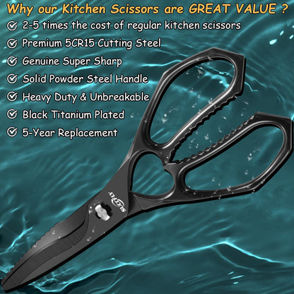 Heavy Duty Kitchen Scissors for Food Titanium Plated Black 8.8 Inch