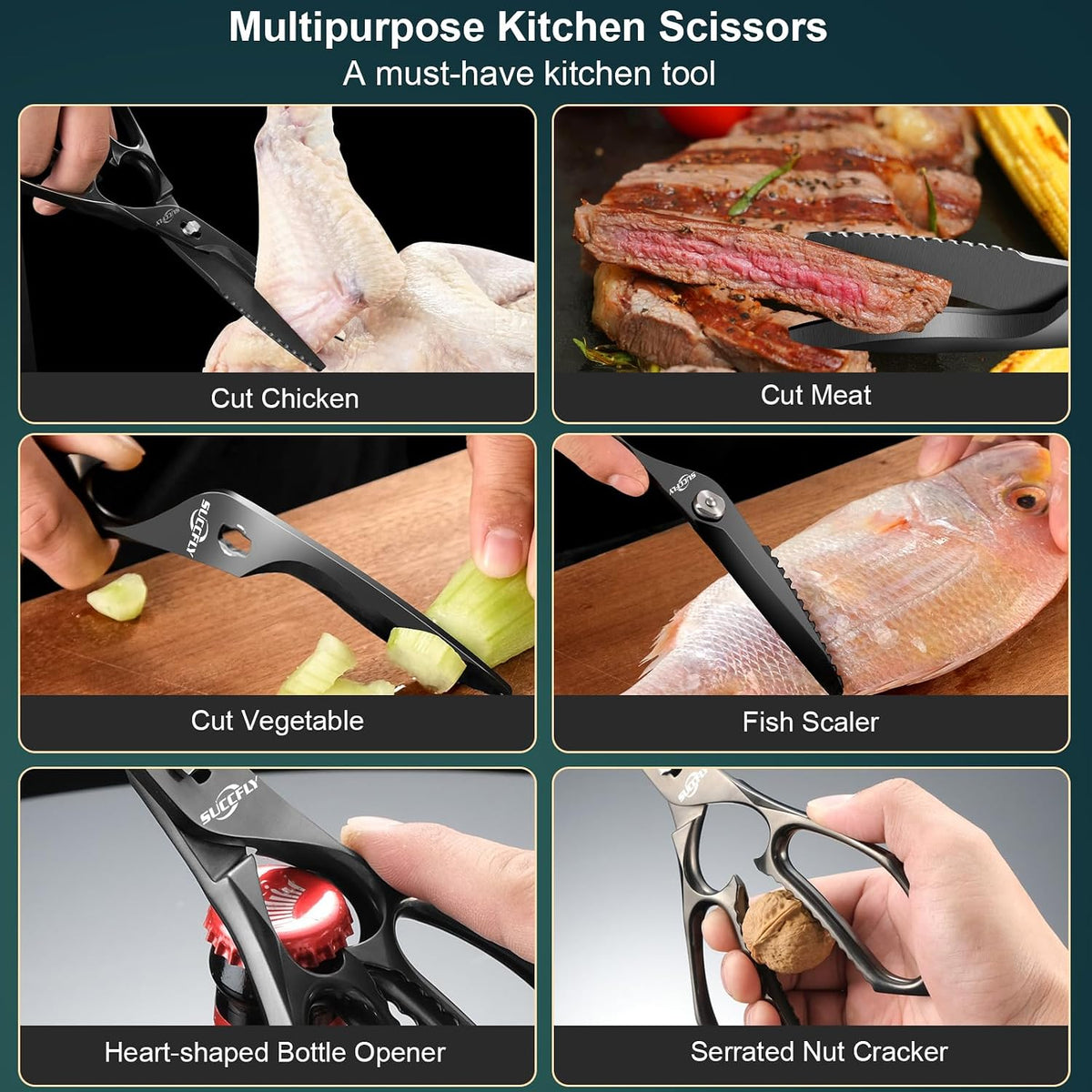 Heavy Duty Kitchen Scissors for Food Titanium Plated Black 8.8 Inch