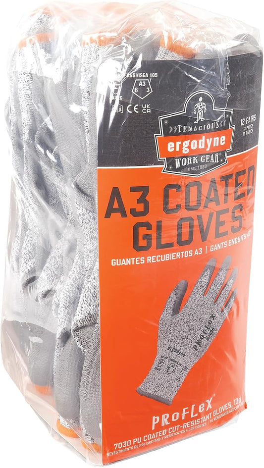 ProFlex 7030 Cut Resistant Work Gloves, ANSI A3, PU Coated Palms for Flexible No Slip Grip, Abrasion Resistant, 13g, 12-Pairs