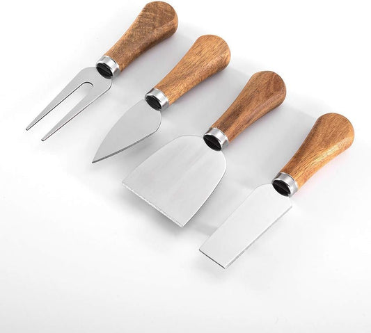 Cheese Knife Set with Acacia Wood Handles - Cheese Knife, Spreader, Fork, Slicer - Mini Stainless Steel Cheese Tools for Charcuterie Boards (4Pcs/Set, S)