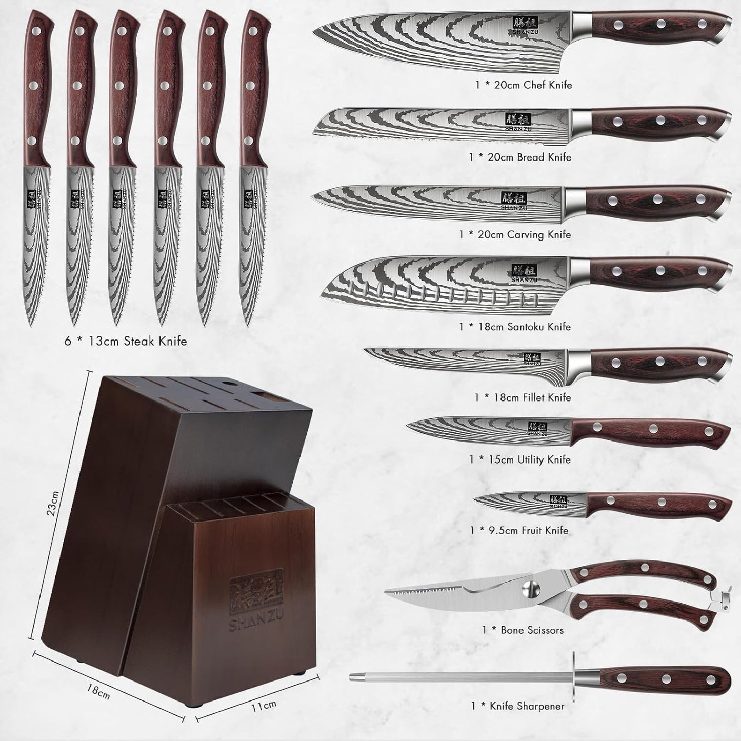 Knife Set 16 pcs, Japanese Kitchen Knife with Block High Carbon Stainless Steel Ultra Sharp Knife for Kitchen, Professional Chef Knife Set with Sharpener