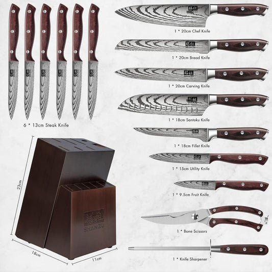 Knife Set 16 pcs, Japanese Kitchen Knife with Block High Carbon Stainless Steel Ultra Sharp Knife for Kitchen, Professional Chef Knife Set with Sharpener