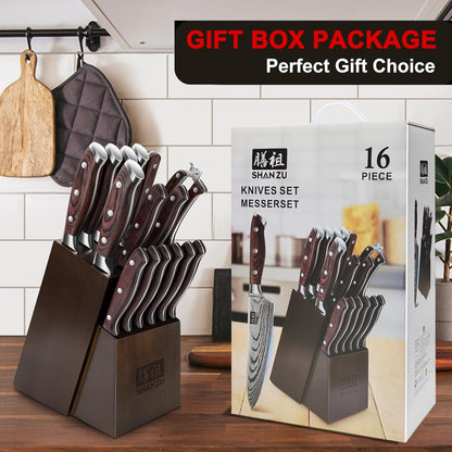 Knife Set 16 pcs, Japanese Kitchen Knife with Block High Carbon Stainless Steel Ultra Sharp Knife for Kitchen, Professional Chef Knife Set with Sharpener