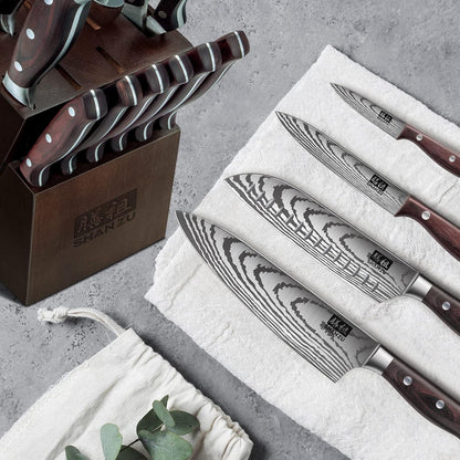 Knife Set 16 pcs, Japanese Kitchen Knife with Block High Carbon Stainless Steel Ultra Sharp Knife for Kitchen, Professional Chef Knife Set with Sharpener