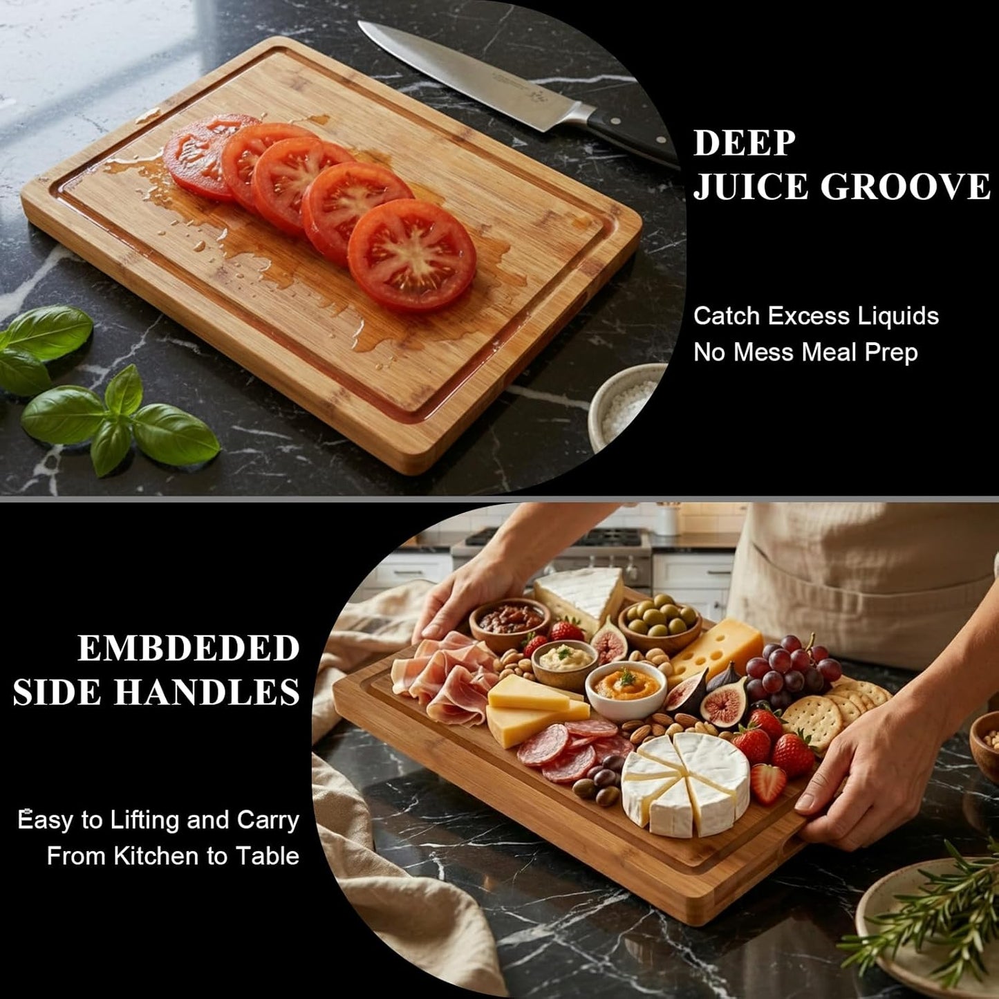 Bamboo Cutting Board, Wood Chopping Board with Juice Groove and Handle, 12×9 Inch Lightweight Kitchen Cutting Board for Fruit, Vegetables, Bread, Cheese, Snacks, Meat, BBQ, and Serving