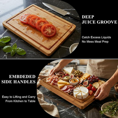 Bamboo Cutting Board, Wood Chopping Board with Juice Groove and Handle, 12×9 Inch Lightweight Kitchen Cutting Board for Fruit, Vegetables, Bread, Cheese, Snacks, Meat, BBQ, and Serving