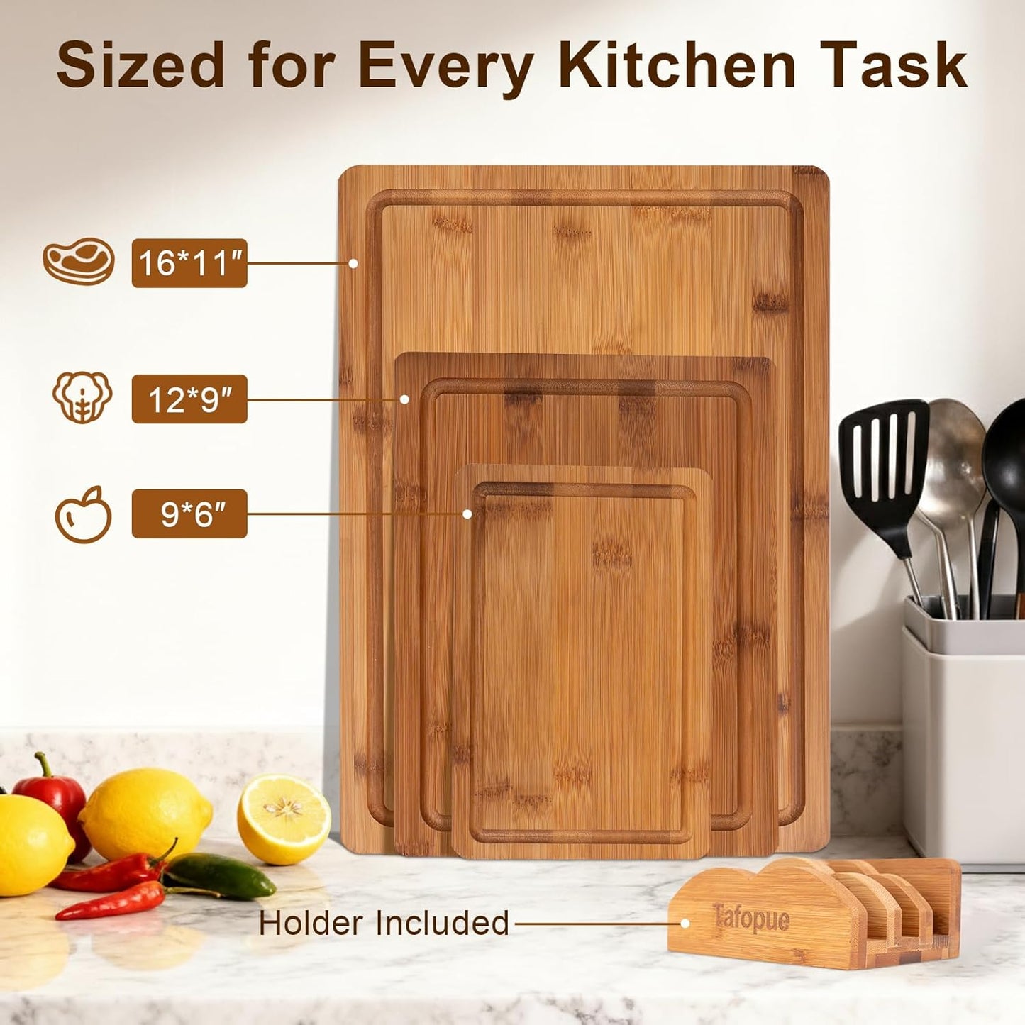 Bamboo Cutting Board, Wood Chopping Board with Juice Groove and Handle, 12×9 Inch Lightweight Kitchen Cutting Board for Fruit, Vegetables, Bread, Cheese, Snacks, Meat, BBQ, and Serving