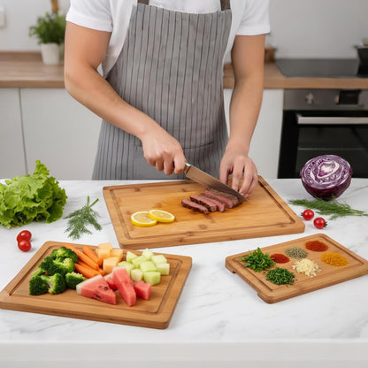 Bamboo Cutting Board, Wood Chopping Board with Juice Groove and Handle, 12×9 Inch Lightweight Kitchen Cutting Board for Fruit, Vegetables, Bread, Cheese, Snacks, Meat, BBQ, and Serving