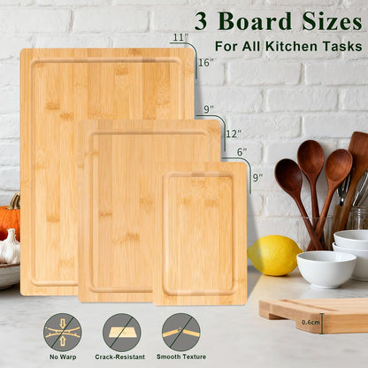 Bamboo Cutting Board, Wood Chopping Board with Juice Groove and Handle, 12×9 Inch Lightweight Kitchen Cutting Board for Fruit, Vegetables, Bread, Cheese, Snacks, Meat, BBQ, and Serving