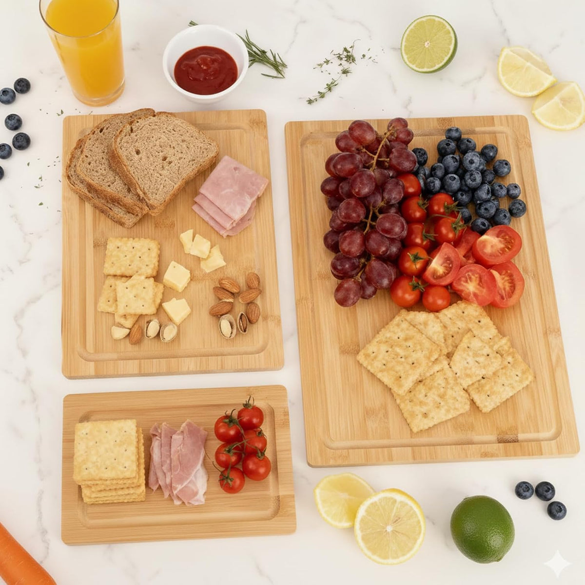 Bamboo Cutting Board, Wood Chopping Board with Juice Groove and Handle, 12×9 Inch Lightweight Kitchen Cutting Board for Fruit, Vegetables, Bread, Cheese, Snacks, Meat, BBQ, and Serving