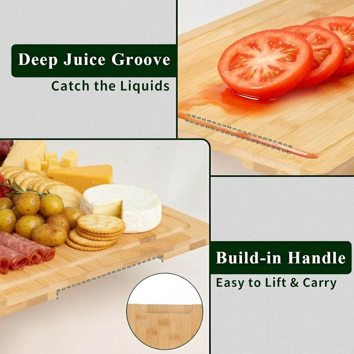Bamboo Cutting Board, Wood Chopping Board with Juice Groove and Handle, 12×9 Inch Lightweight Kitchen Cutting Board for Fruit, Vegetables, Bread, Cheese, Snacks, Meat, BBQ, and Serving