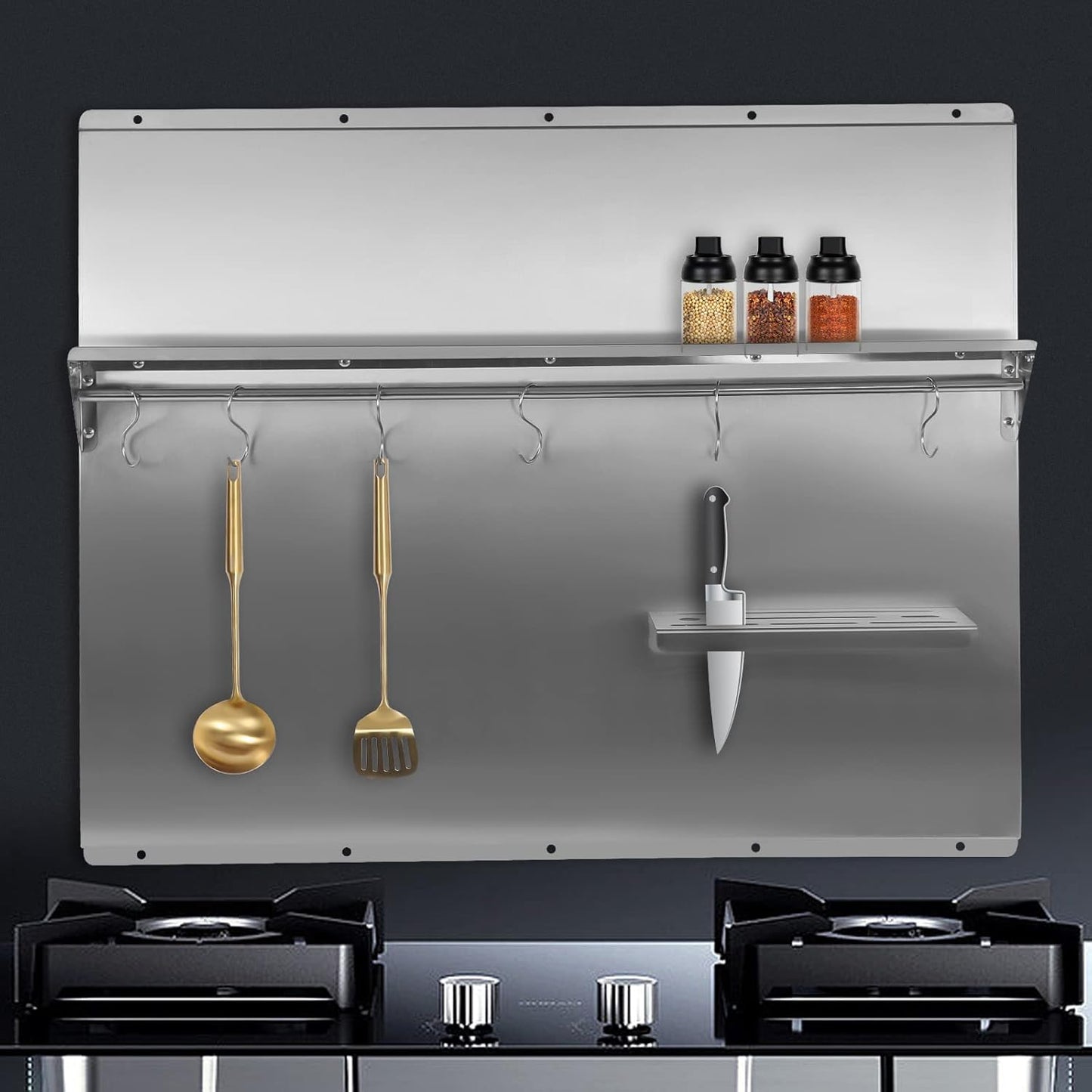 Range Backsplash 36"X29.5" Stainless Steel Backsplash Range Hood Wall Shield with Storage Shelf & Knife Rack Wall-Mounted Range Backsplash for Range Hood, Stove (36 x 29.5Inch)