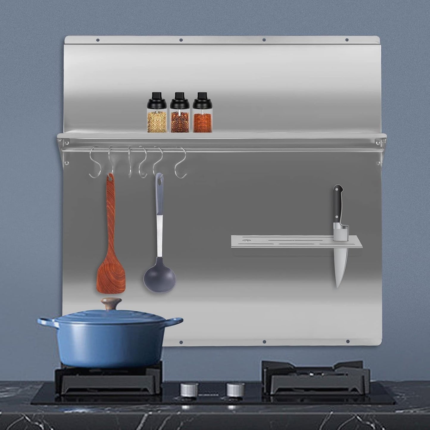 Range Backsplash 36"X29.5" Stainless Steel Backsplash Range Hood Wall Shield with Storage Shelf & Knife Rack Wall-Mounted Range Backsplash for Range Hood, Stove (36 x 29.5Inch)