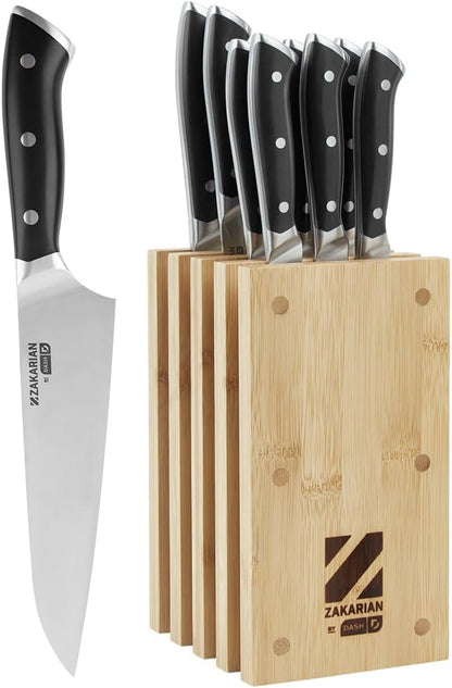 Zakarian 11-Piece German Steel Kitchen Knife Set with 7" Chef, 5" Santoku, 5" Serrated Utility, 3.5" Paring, 6 Steak Knives and Magnetic Bamboo Knife Block, Black