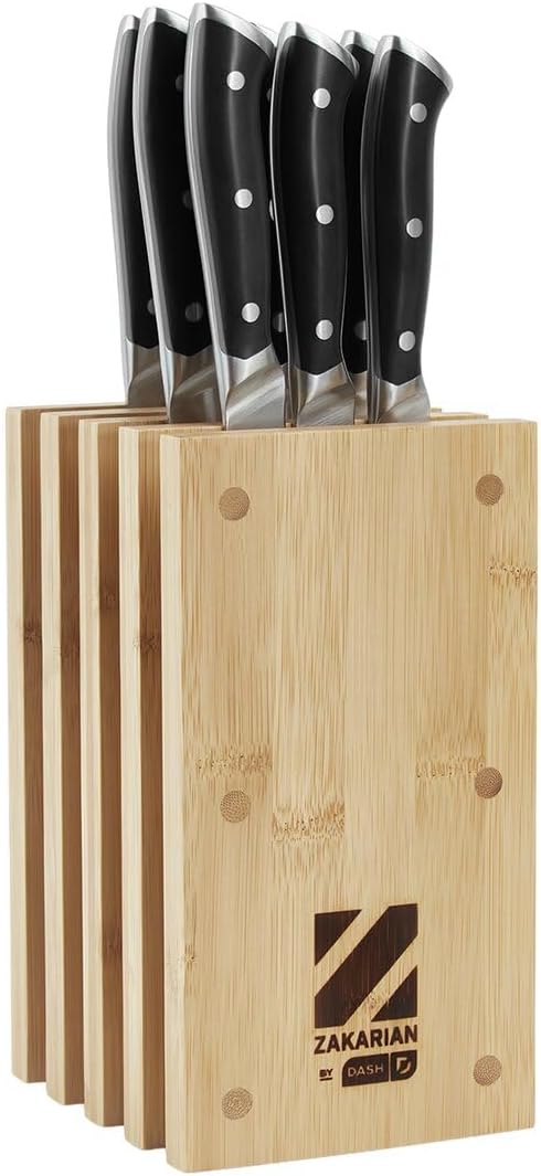 Zakarian 11-Piece German Steel Kitchen Knife Set with 7" Chef, 5" Santoku, 5" Serrated Utility, 3.5" Paring, 6 Steak Knives and Magnetic Bamboo Knife Block, Black