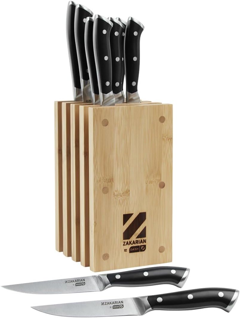 Zakarian 11-Piece German Steel Kitchen Knife Set with 7" Chef, 5" Santoku, 5" Serrated Utility, 3.5" Paring, 6 Steak Knives and Magnetic Bamboo Knife Block, Black