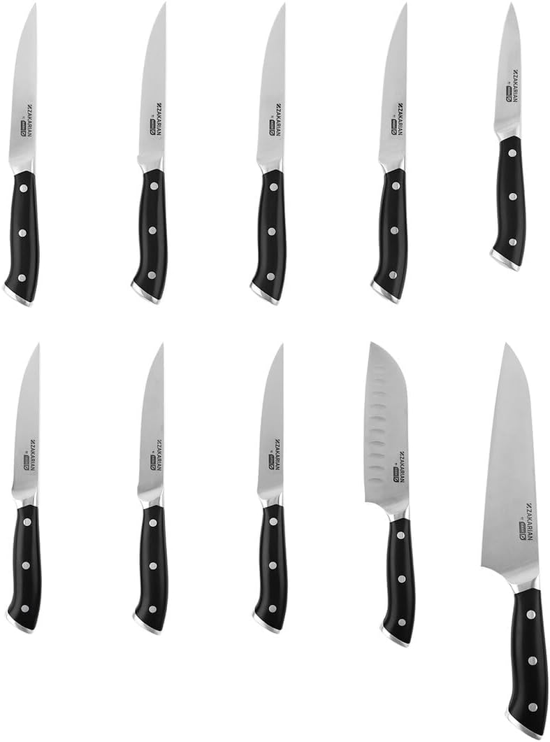 Zakarian 11-Piece German Steel Kitchen Knife Set with 7" Chef, 5" Santoku, 5" Serrated Utility, 3.5" Paring, 6 Steak Knives and Magnetic Bamboo Knife Block, Black