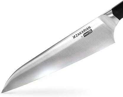 Zakarian 11-Piece German Steel Kitchen Knife Set with 7" Chef, 5" Santoku, 5" Serrated Utility, 3.5" Paring, 6 Steak Knives and Magnetic Bamboo Knife Block, Black