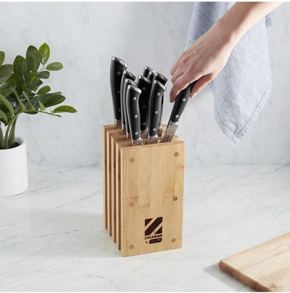 Zakarian 11-Piece German Steel Kitchen Knife Set with 7" Chef, 5" Santoku, 5" Serrated Utility, 3.5" Paring, 6 Steak Knives and Magnetic Bamboo Knife Block, Black