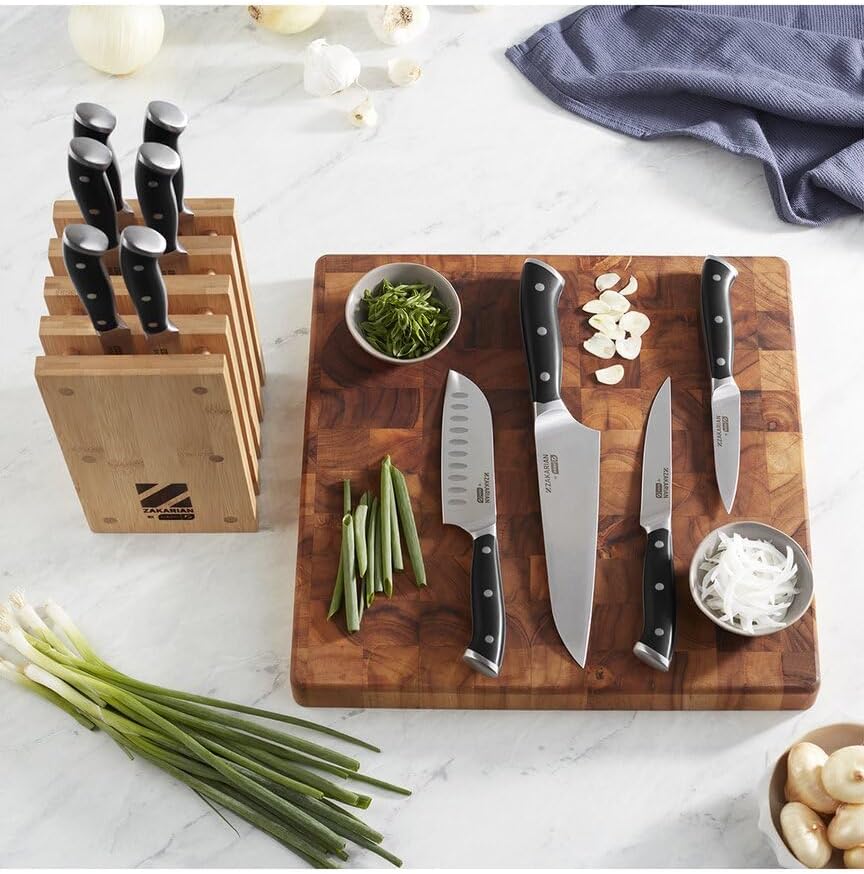 Zakarian 11-Piece German Steel Kitchen Knife Set with 7" Chef, 5" Santoku, 5" Serrated Utility, 3.5" Paring, 6 Steak Knives and Magnetic Bamboo Knife Block, Black