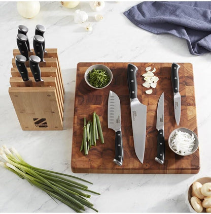 Zakarian 11-Piece German Steel Kitchen Knife Set with 7" Chef, 5" Santoku, 5" Serrated Utility, 3.5" Paring, 6 Steak Knives and Magnetic Bamboo Knife Block, Black