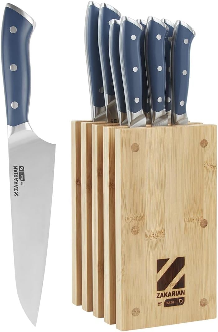 Zakarian 11-Piece German Steel Kitchen Knife Set with 7" Chef, 5" Santoku, 5" Serrated Utility, 3.5" Paring, 6 Steak Knives and Magnetic Bamboo Knife Block, Black