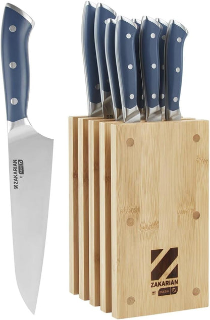 Zakarian 11-Piece German Steel Kitchen Knife Set with 7" Chef, 5" Santoku, 5" Serrated Utility, 3.5" Paring, 6 Steak Knives and Magnetic Bamboo Knife Block, Black