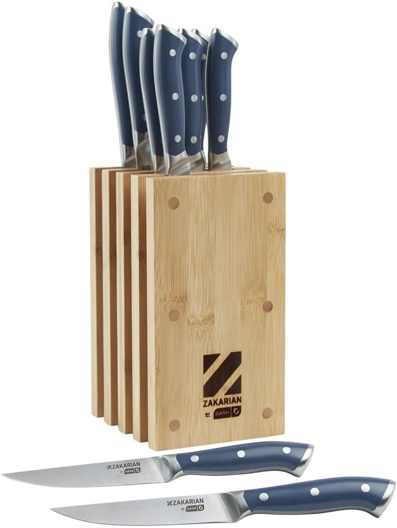 Zakarian 11-Piece German Steel Kitchen Knife Set with 7" Chef, 5" Santoku, 5" Serrated Utility, 3.5" Paring, 6 Steak Knives and Magnetic Bamboo Knife Block, Black