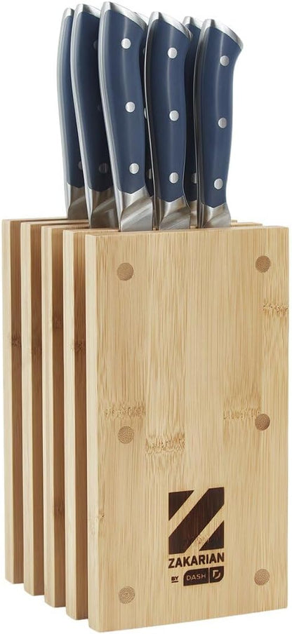 Zakarian 11-Piece German Steel Kitchen Knife Set with 7" Chef, 5" Santoku, 5" Serrated Utility, 3.5" Paring, 6 Steak Knives and Magnetic Bamboo Knife Block, Black