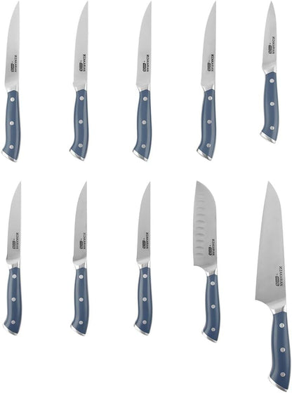 Zakarian 11-Piece German Steel Kitchen Knife Set with 7" Chef, 5" Santoku, 5" Serrated Utility, 3.5" Paring, 6 Steak Knives and Magnetic Bamboo Knife Block, Black
